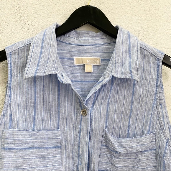 MICHAEL KORS Blue Striped Chambray Front Tie Linen Blend Sleeveless Top Size XL - Picture 8 of 12